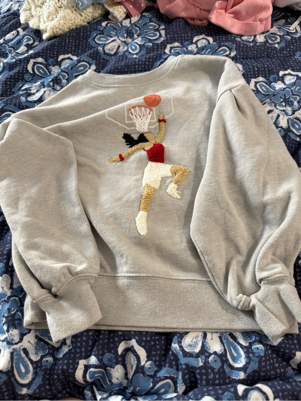 Gray Girls Sweatshirt with Basketball Player Embroidery